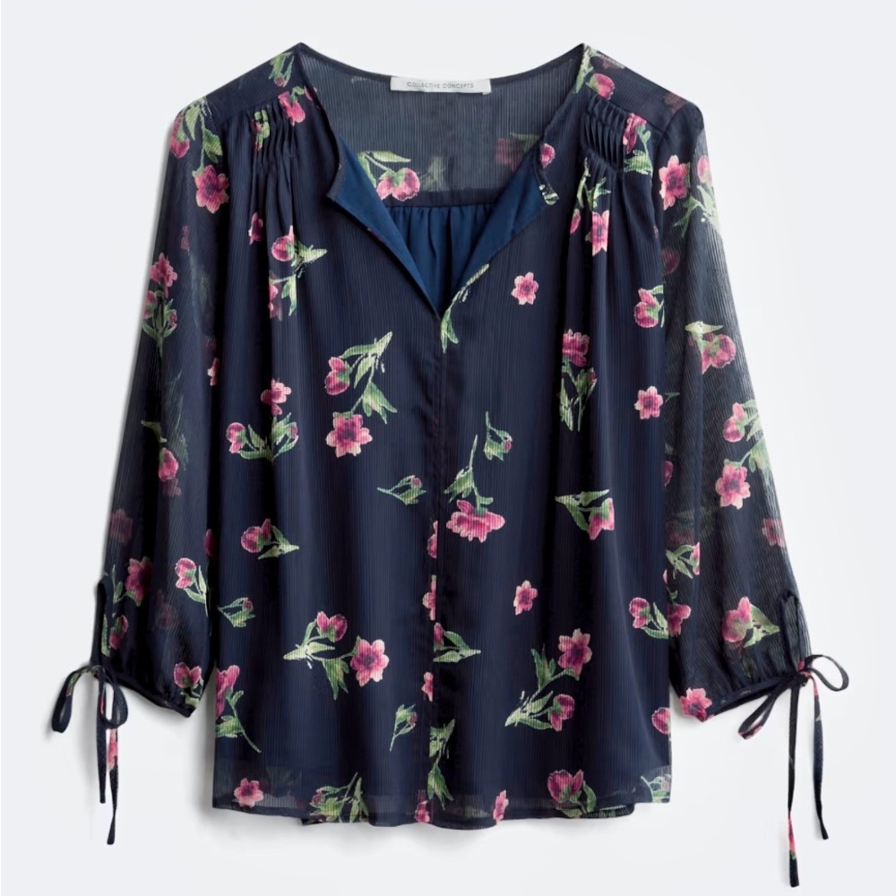 Collective Concepts Navy and Pink Floral Blouse